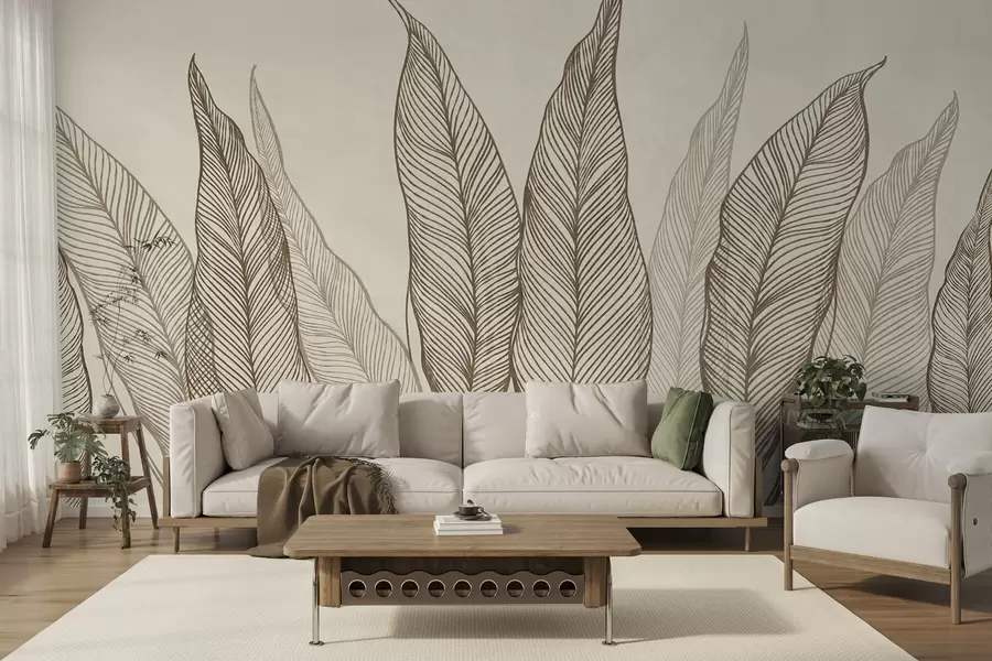 murales Hojas marrones estilizadas con detalles de líneas intrincadas sobre un fondo beige; obra de arte con textura w10030v2