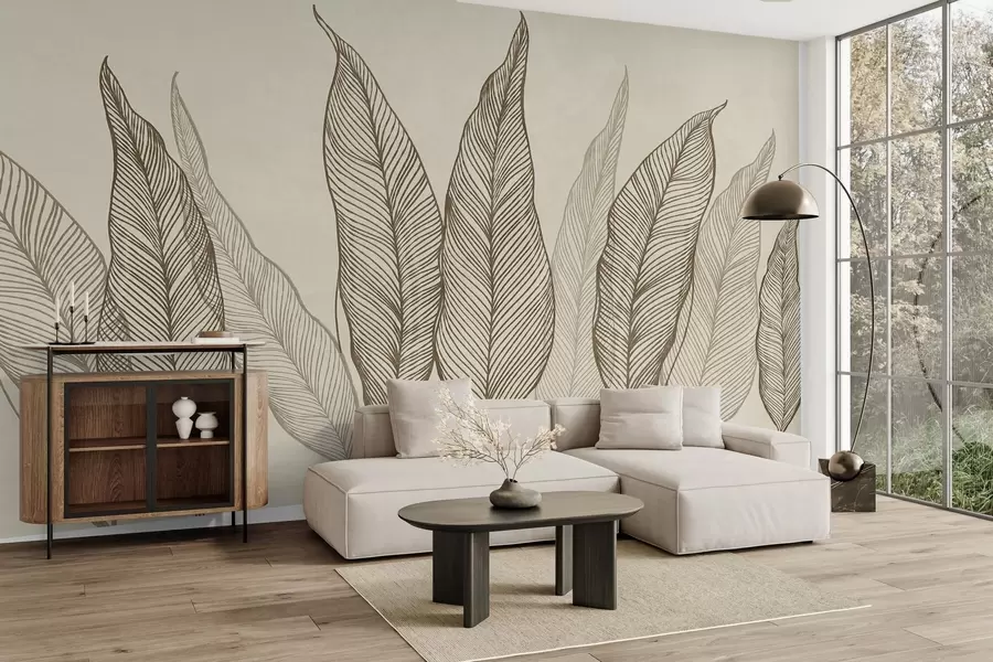 wall murals Stylized brown leaves with intricate line details on a beige background, textured art w10030v2