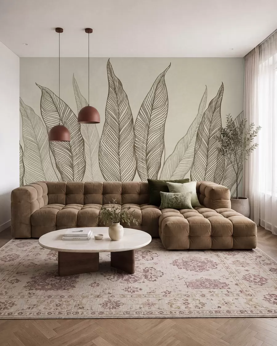 murales Hojas marrones estilizadas con detalles de líneas intrincadas sobre un fondo beige; obra de arte con textura w10030v2