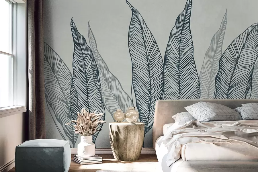 wall murals Stylized blue leaves with intricate line details on a gray background, textured art w10030v3