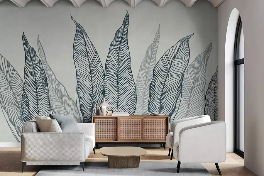 wall murals Stylized blue leaves with intricate line details on a gray background, textured art w10030v3