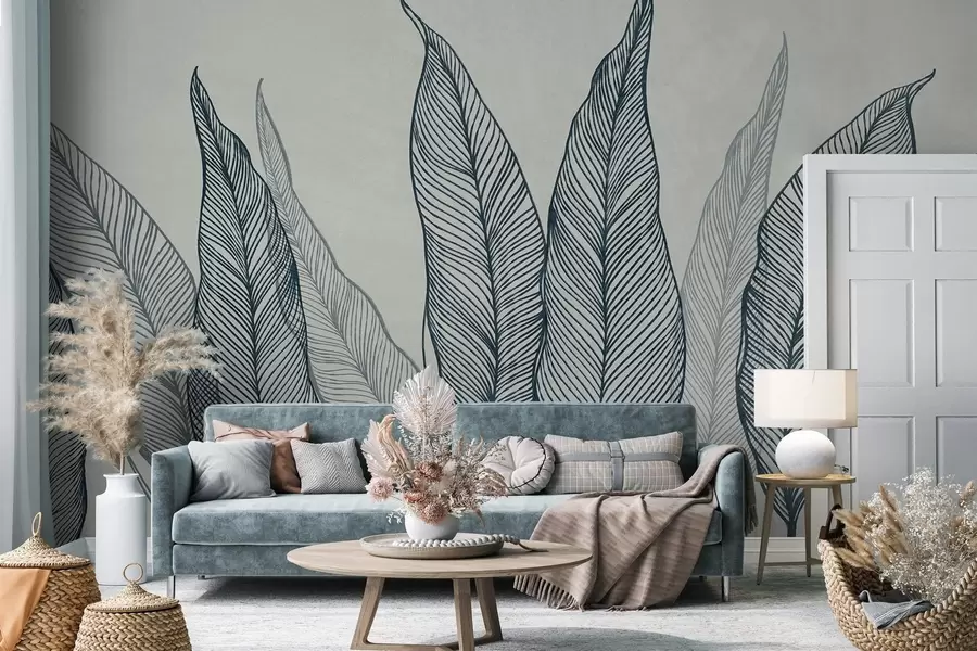wall murals Stylized blue leaves with intricate line details on a gray background, textured art w10030v3