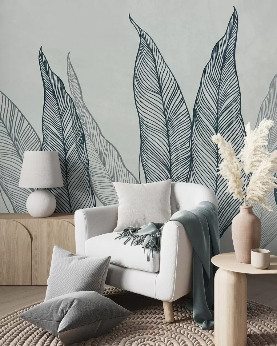 murales Hojas azules estilizadas con detalles de líneas intrincadas sobre un fondo gris, diseño con textura w10030v3