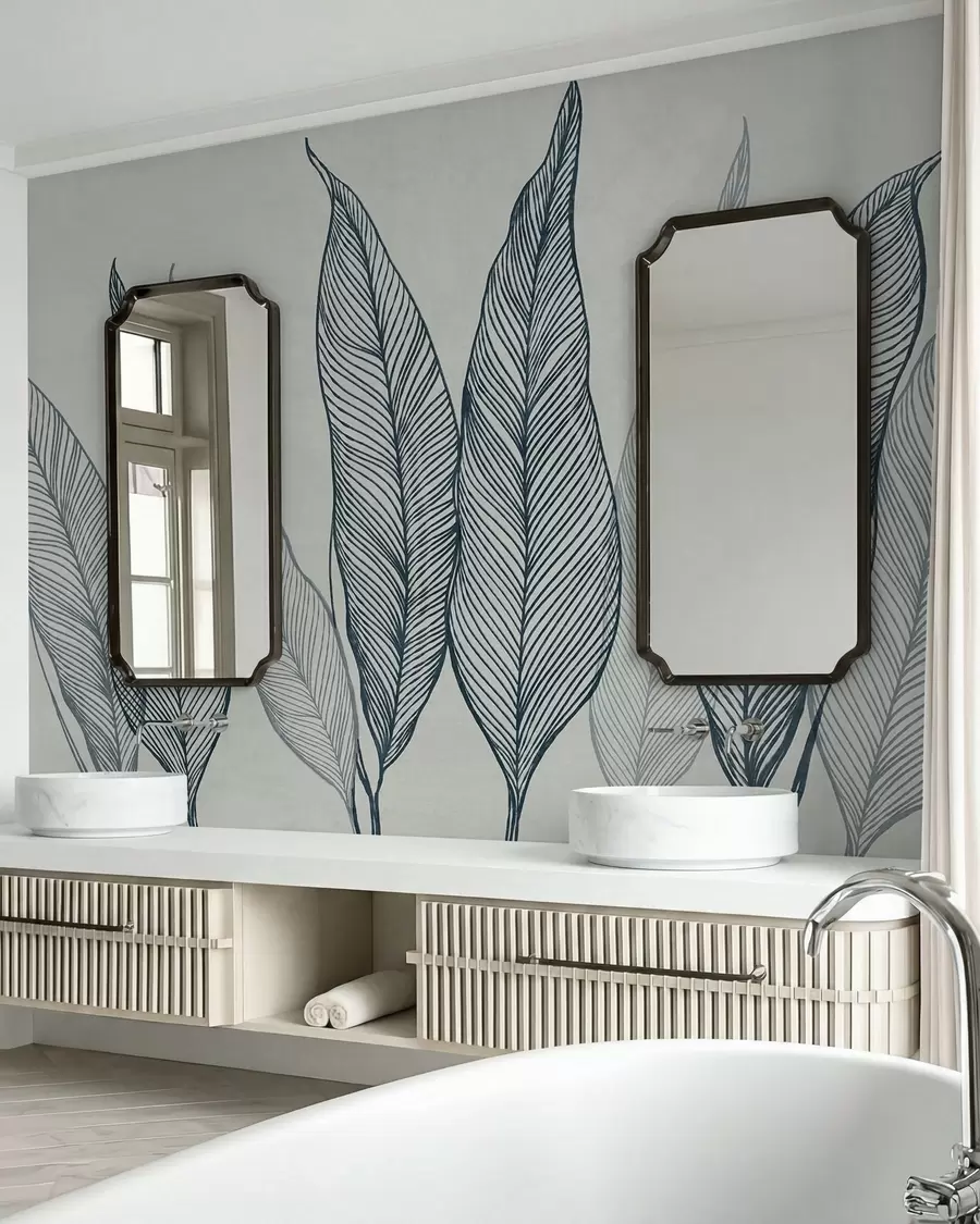murales Hojas azules estilizadas con detalles de líneas intrincadas sobre un fondo gris, diseño con textura w10030v3