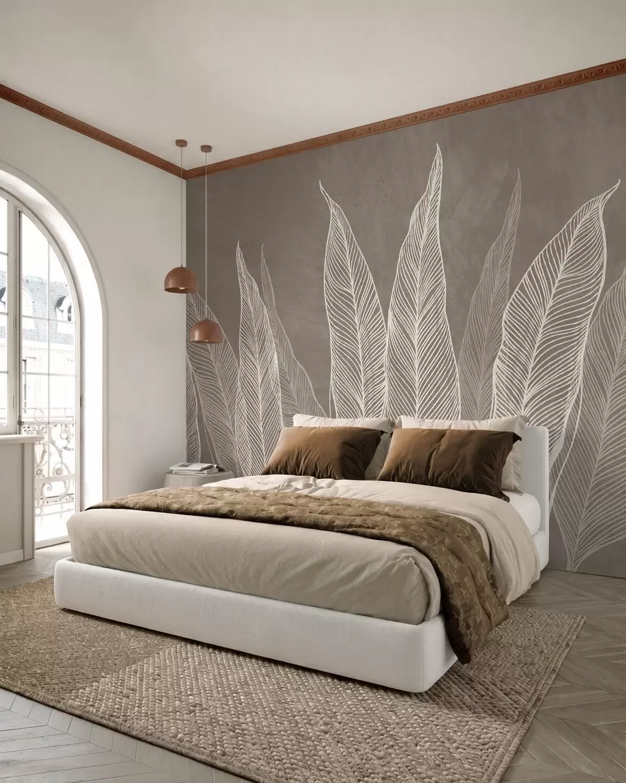 peintures murales Feuilles blanches stylisées aux détails linéaires complexes sur fond marron, illustration texturée w10030v4