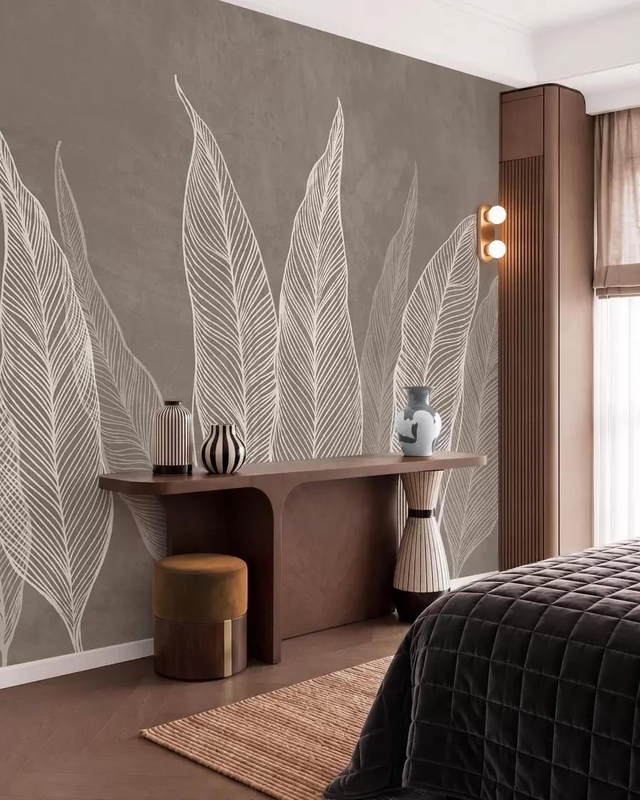 murales Hojas blancas estilizadas con intrincados detalles de líneas sobre un fondo marrón, obra de arte con textura w10030v4