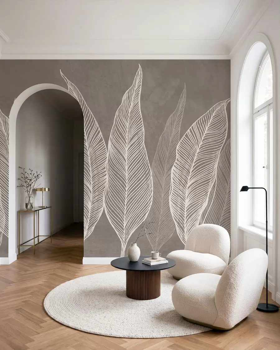 wall murals Stylized white leaves with intricate line details on a brown background, textured art w10030v4