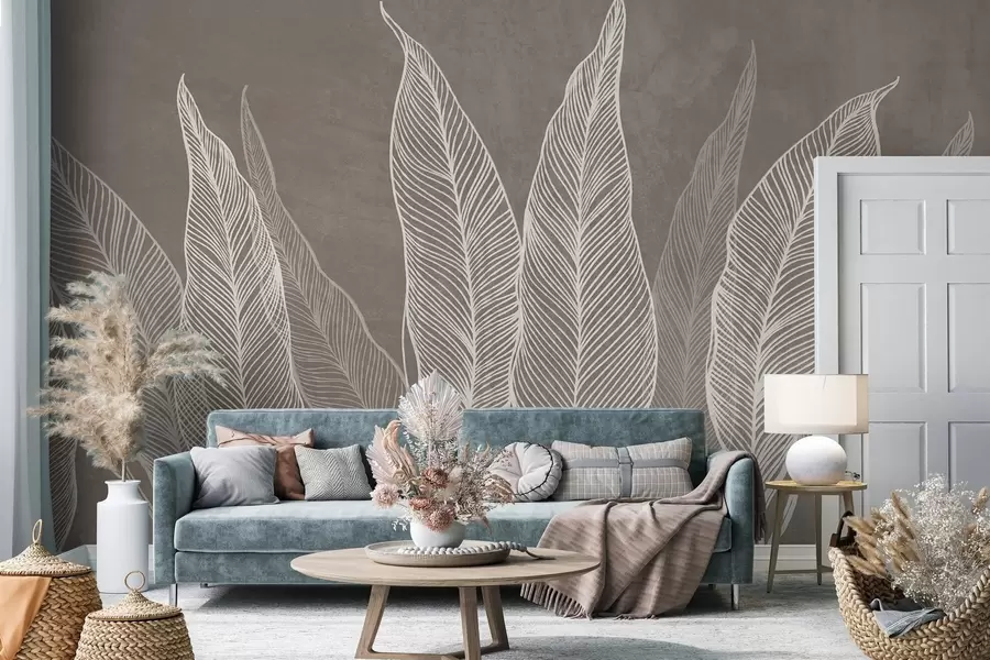 wall murals Stylized white leaves with intricate line details on a brown background, textured art w10030v4