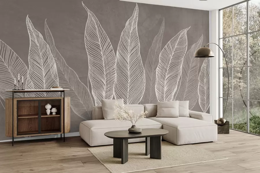 murales Hojas blancas estilizadas con intrincados detalles de líneas sobre un fondo marrón, obra de arte con textura w10030v4