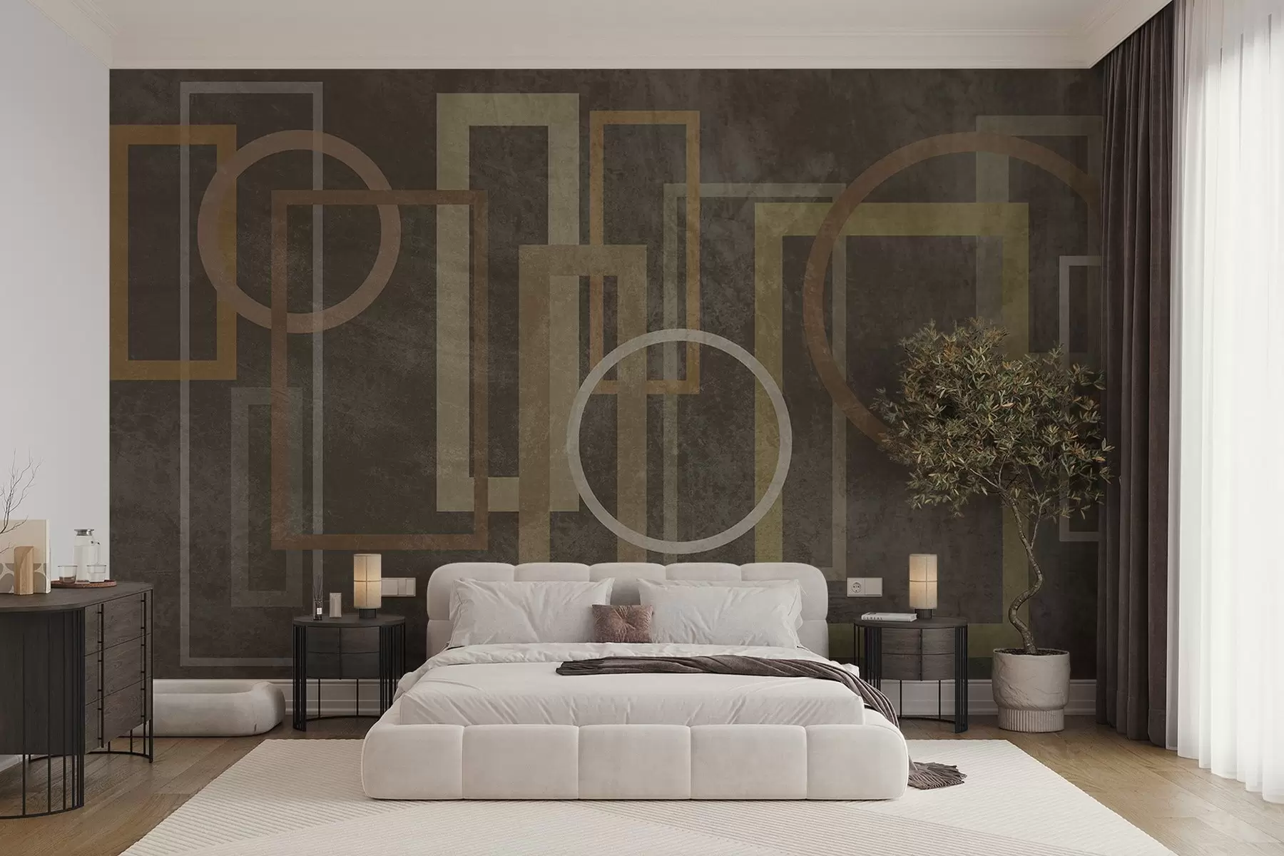 peintures murales Des formes géométriques et texturées, notamment des rectangles et des cercles, dans des tons terreux w10031
