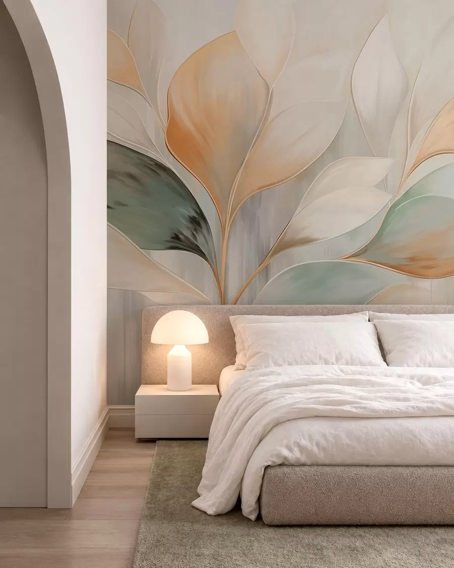 murales Hojas abstractas en tonos crema, melocotón y verde w05861