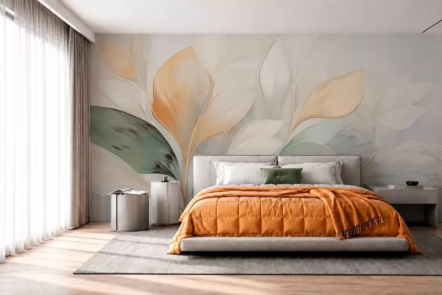 murales Hojas abstractas en tonos crema, melocotón y verde w05861