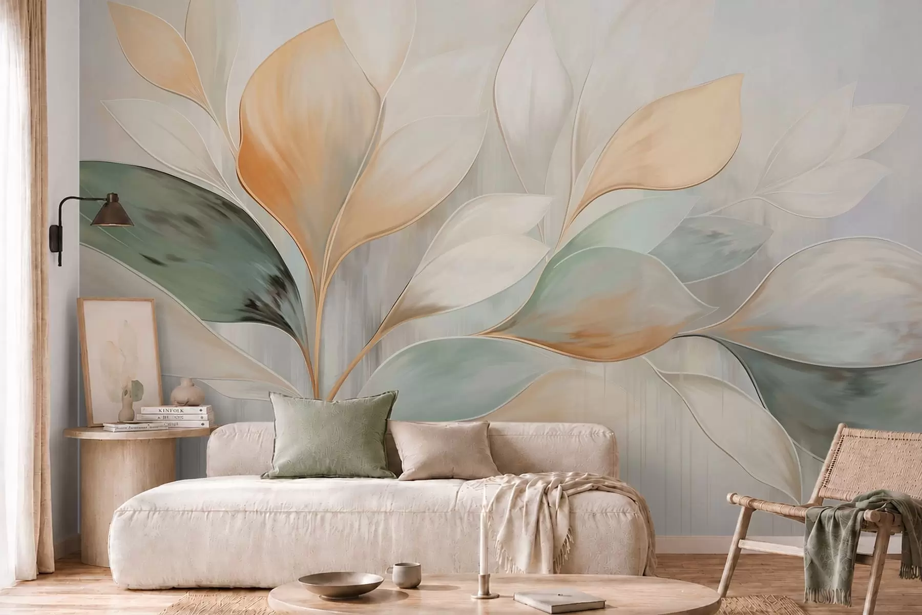 peintures murales Feuilles abstraites dans des tons crème, pêche et vert w05861