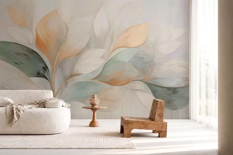 Wall Mural Photo Wallpaper Abstract leaves in cream, peach and green tones w05861
