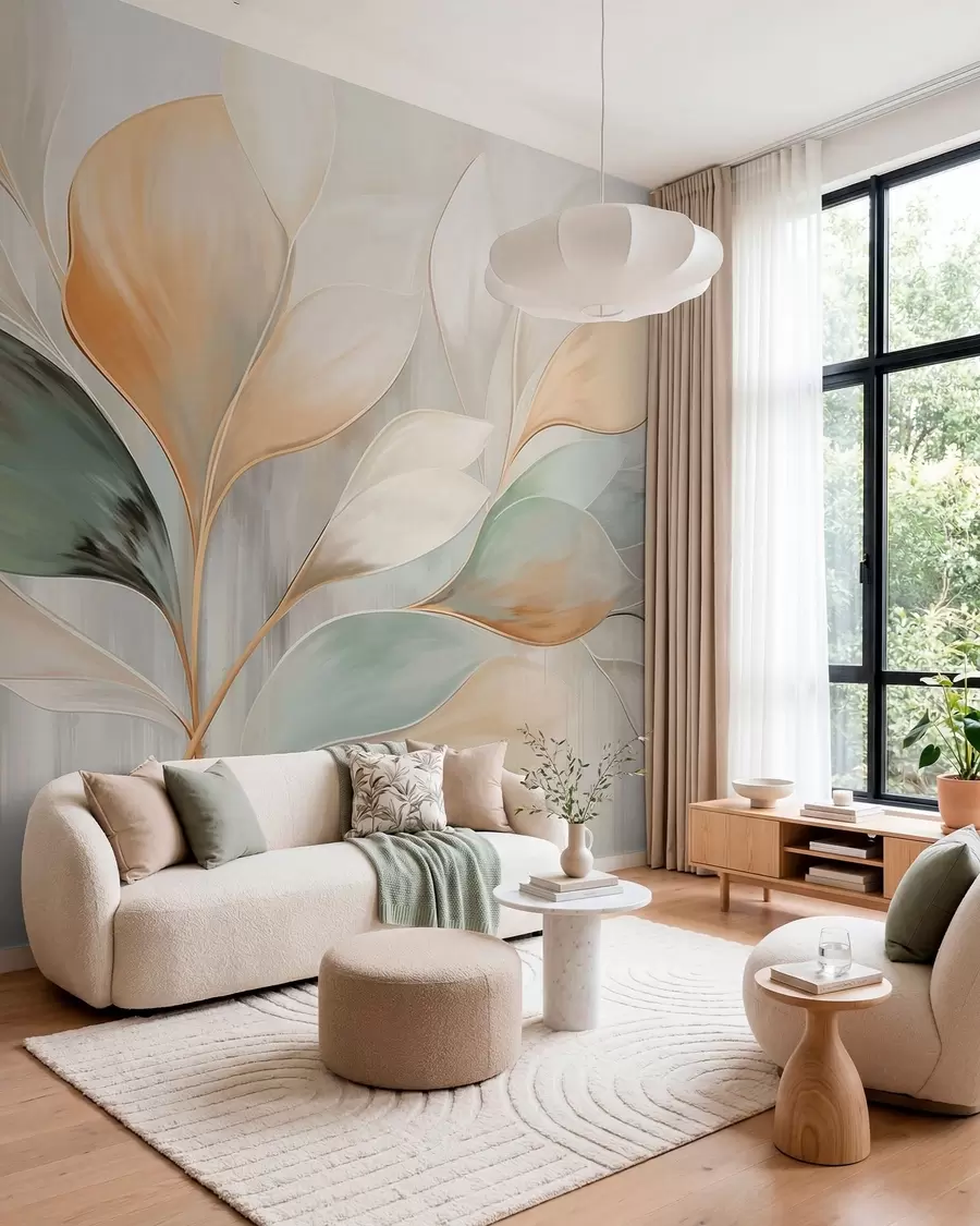 wall murals Abstract leaves in cream, peach and green tones w05861
