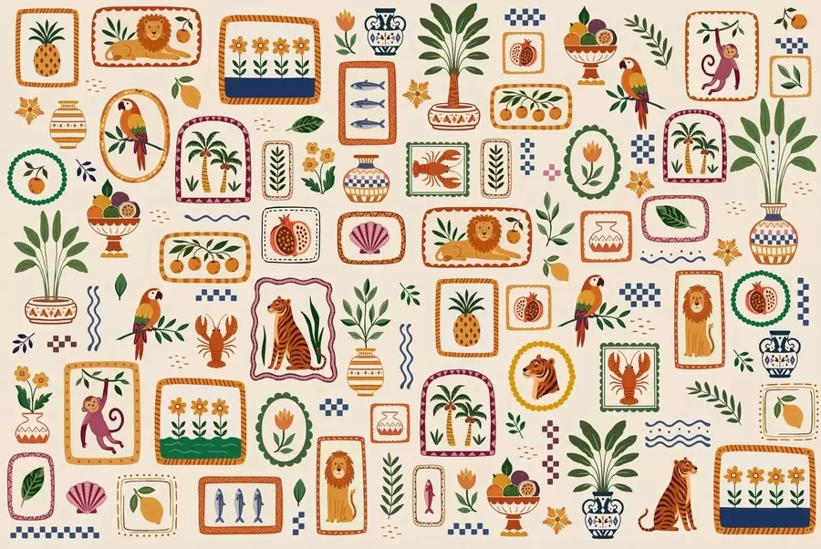 wall murals Colorful pattern with animals, plants and fruit w05885