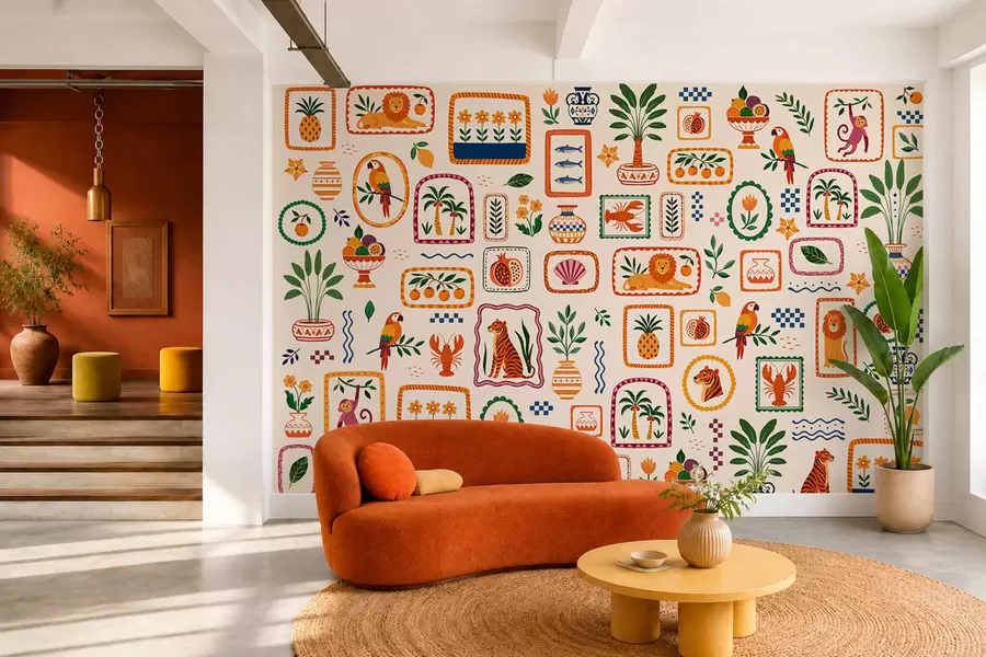 wall murals Colorful pattern with animals, plants and fruit w05885