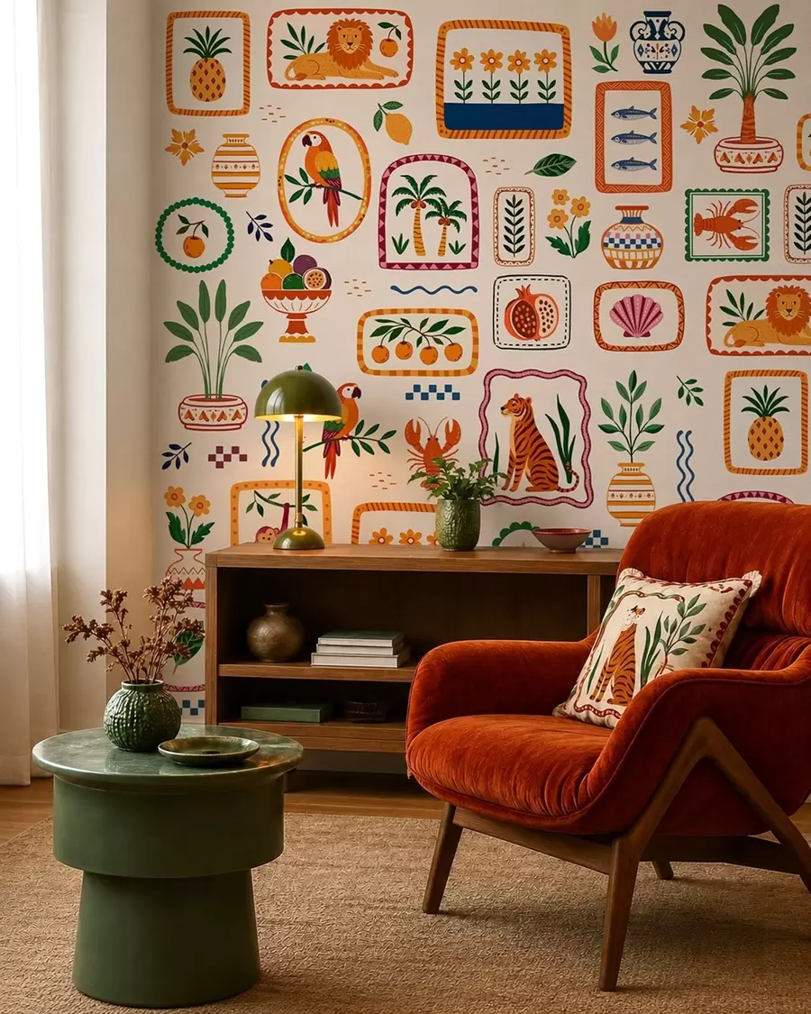 peintures murales Motif coloré représentant des animaux, des plantes et des fruits w05885
