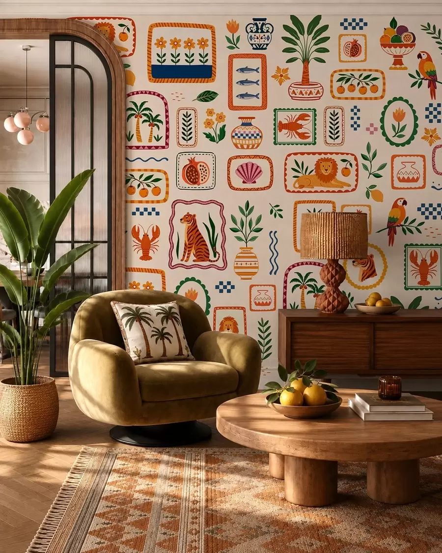 wall murals Colorful pattern with animals, plants and fruit w05885