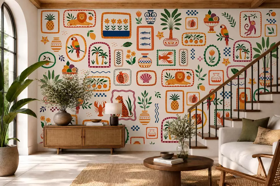 murales Diseño colorido con animales, plantas y frutas w05885