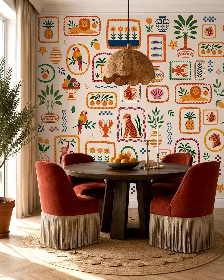 murales Diseño colorido con animales, plantas y frutas w05885