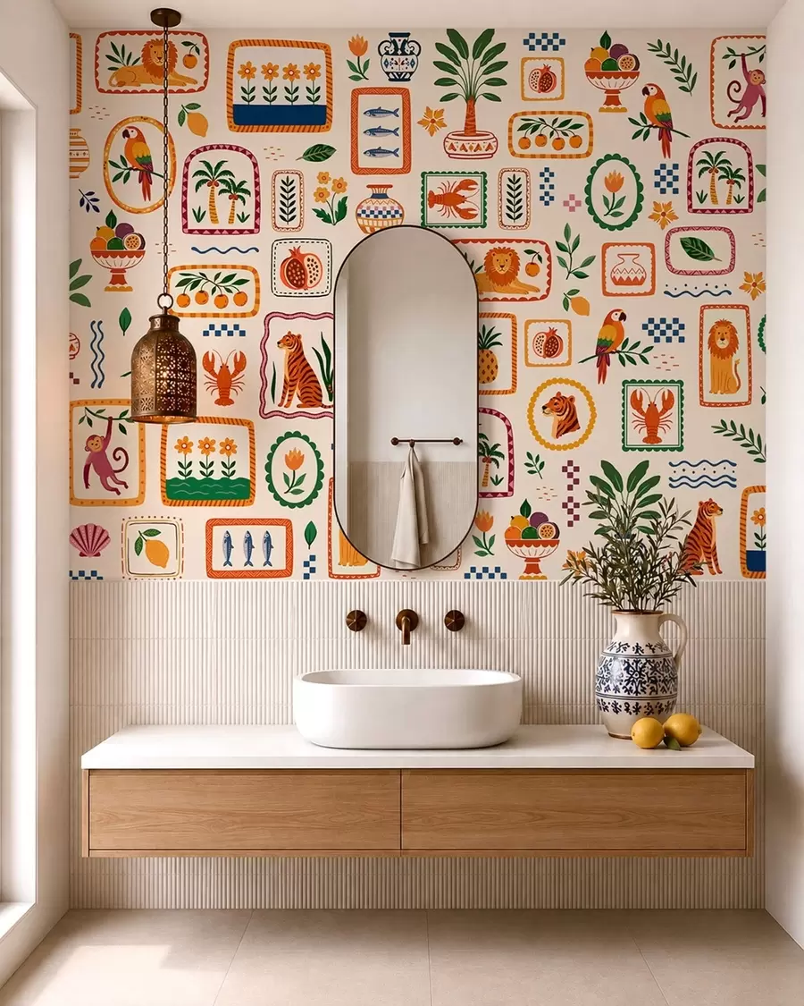 murales Diseño colorido con animales, plantas y frutas w05885