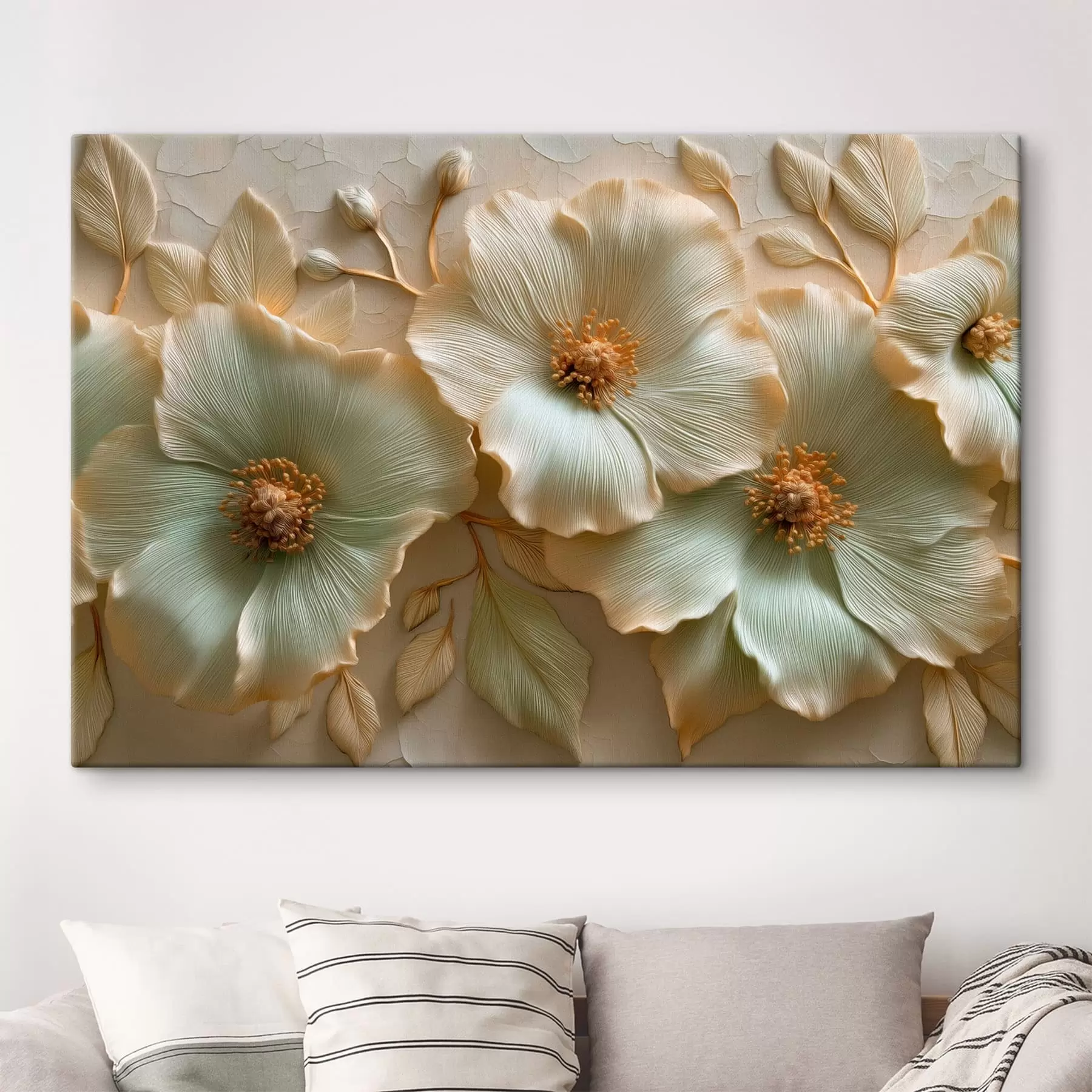 murales Flores y hojas grandes con un efecto tridimensional en tonos claros s50420