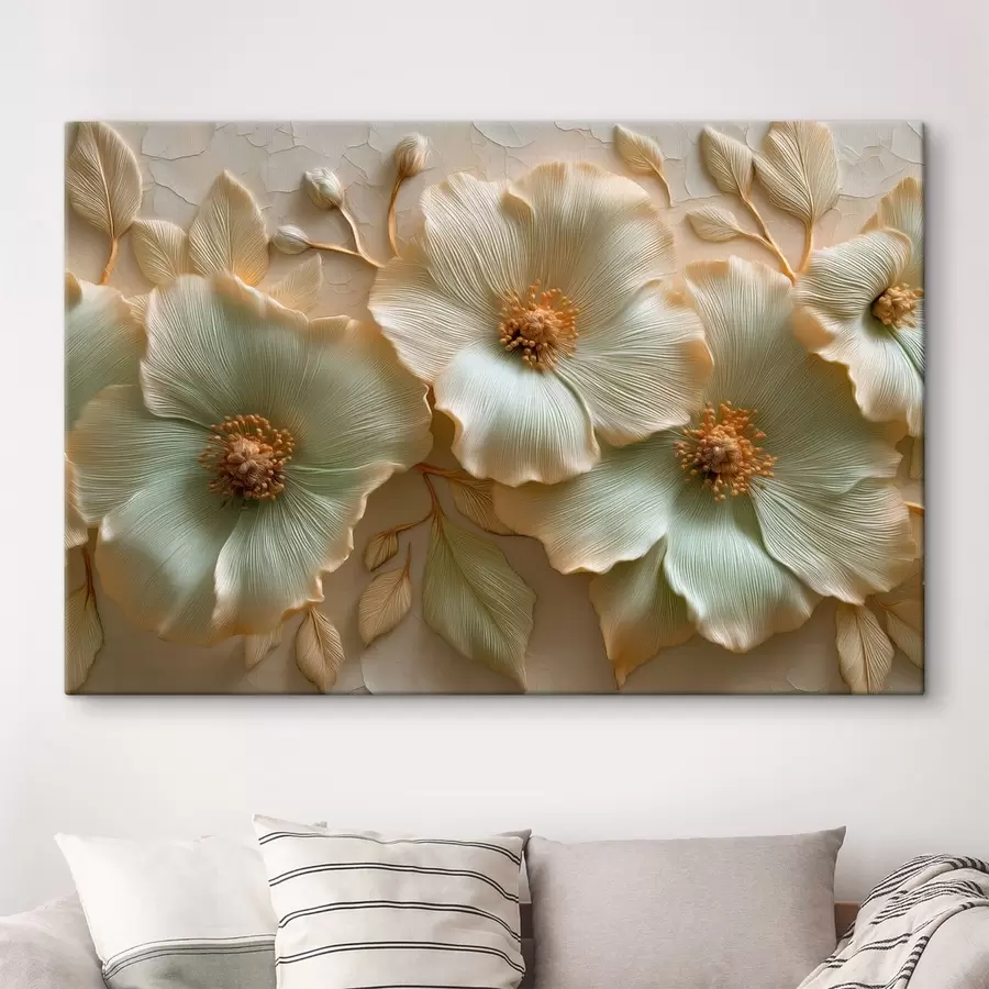 murales Flores y hojas grandes con un efecto tridimensional en tonos claros s50420