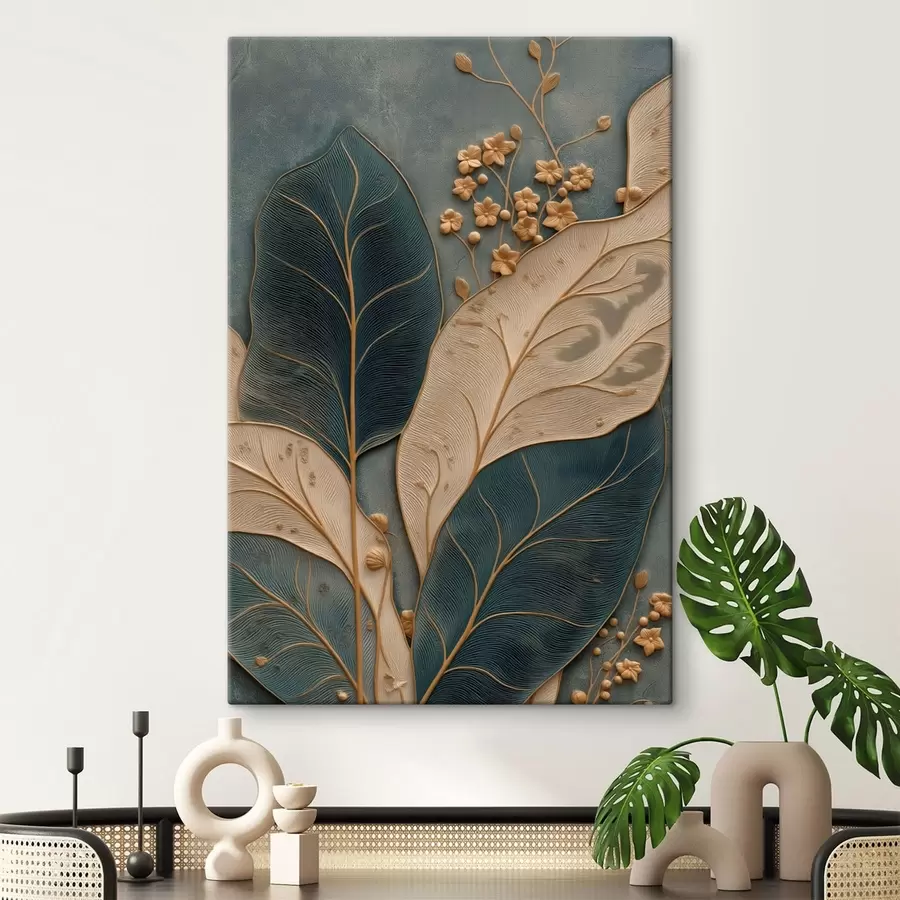 murales Hojas y pequeñas flores con un efecto de relieve sobre un fondo oscuro s50427