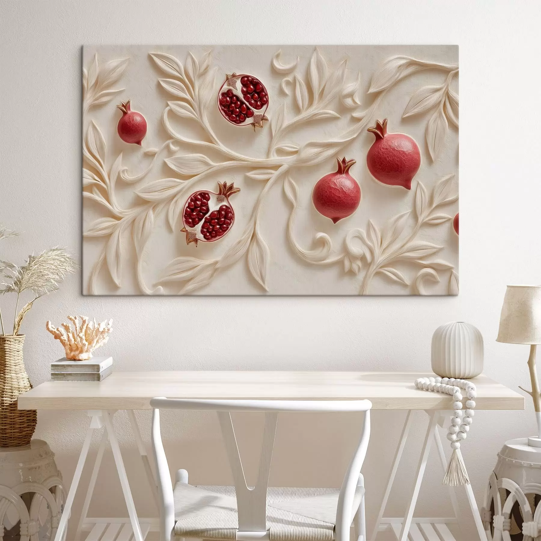 murales Granadas rojas entre ramas decorativas claras s50428