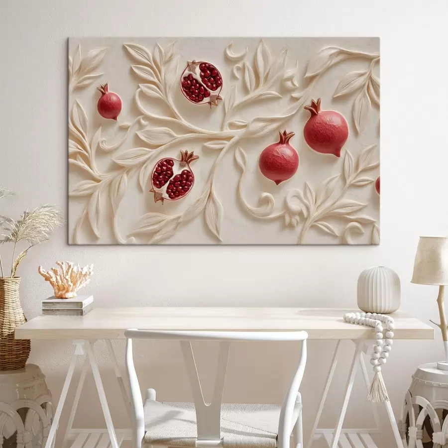 murales Granadas rojas entre ramas decorativas claras s50428