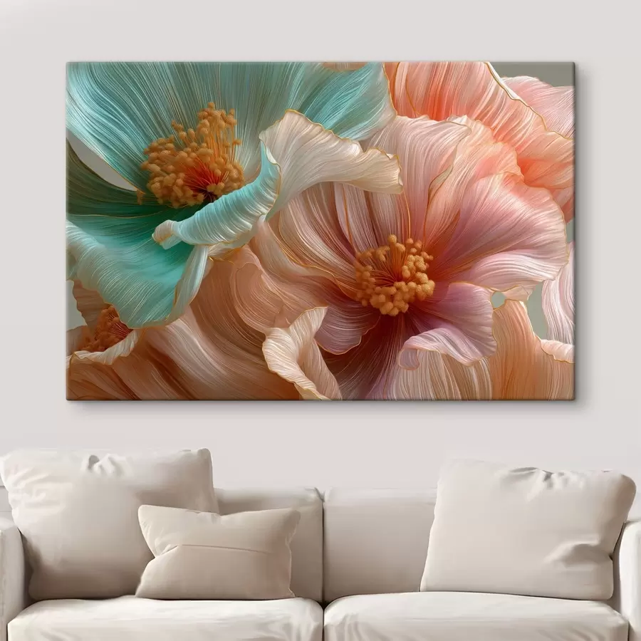 murales Grandes flores de color turquesa y rosa con efecto tridimensional s50432
