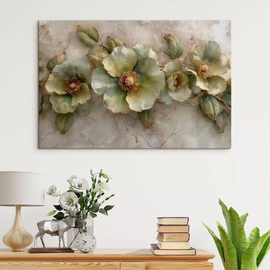 murales Grandes flores y hojas verdes sobre un fondo claro con ligeras variaciones s50434