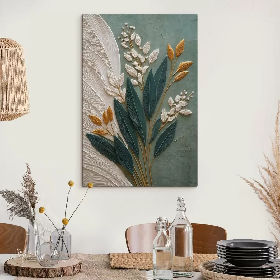 murales Hojas decorativas sobre un fondo verde con sutiles matices s50446
