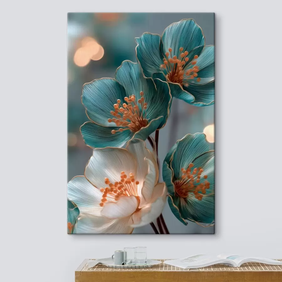 murales Flores de color turquesa y blanco con estambres naranjas s50448
