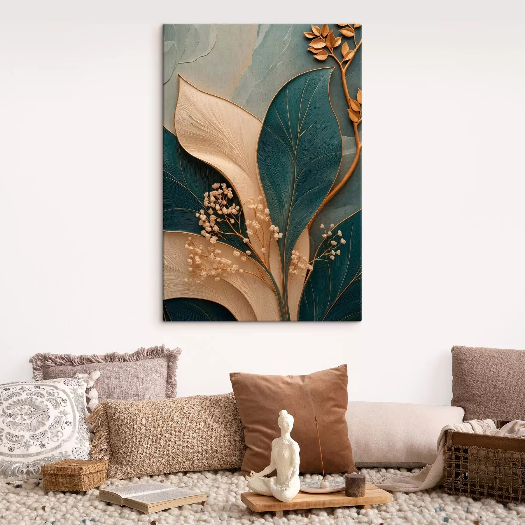 murales Hojas grandes de color turquesa y crema con ramitas pequeñas s50451
