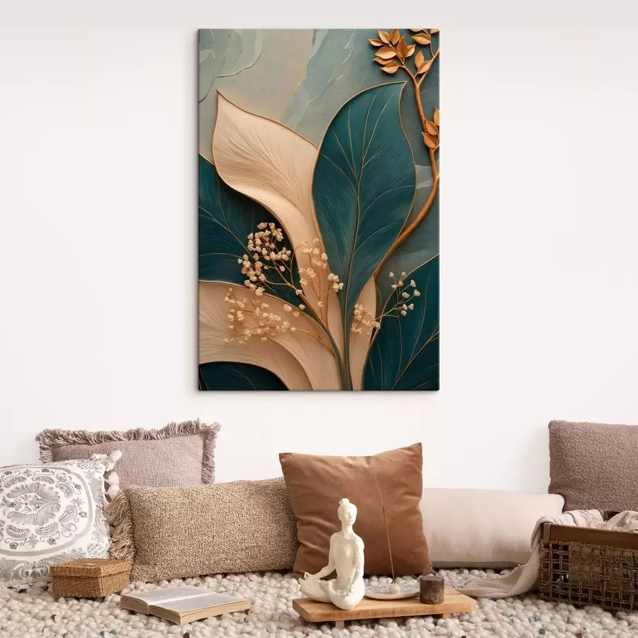 murales Hojas grandes de color turquesa y crema con ramitas pequeñas s50451