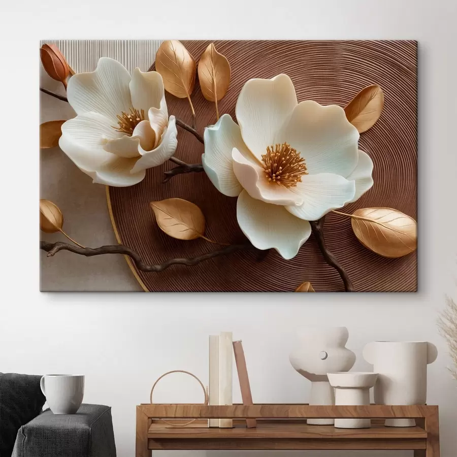 murales Flores blancas con efecto tridimensional y hojas en tonos bronce s50453