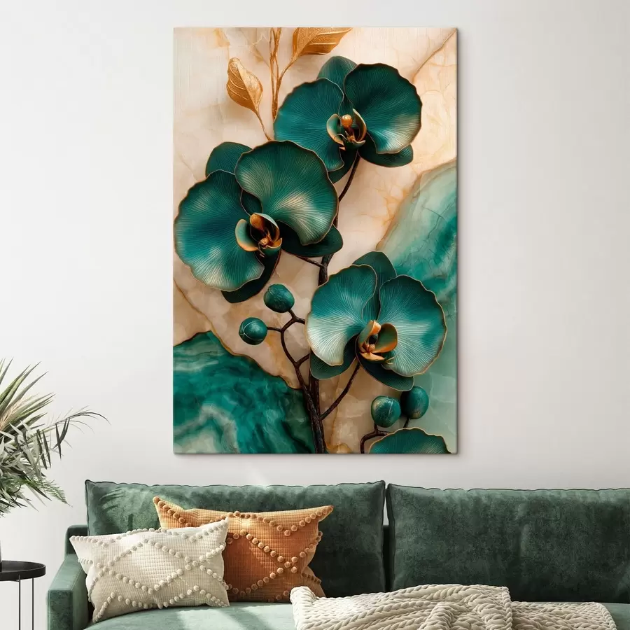 Wall Mural Photo Wallpaper Turquoise orchids on a light background with a stone-like visual effect s50456