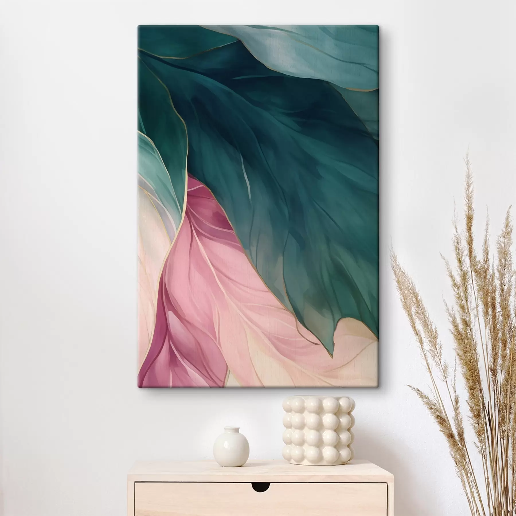 wall murals Deep Turquoise and Powder Pink Leaves s50386