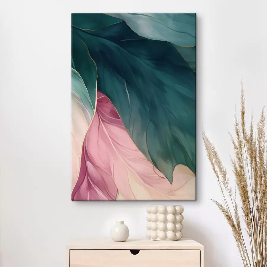 wall murals Deep Turquoise and Powder Pink Leaves s50386