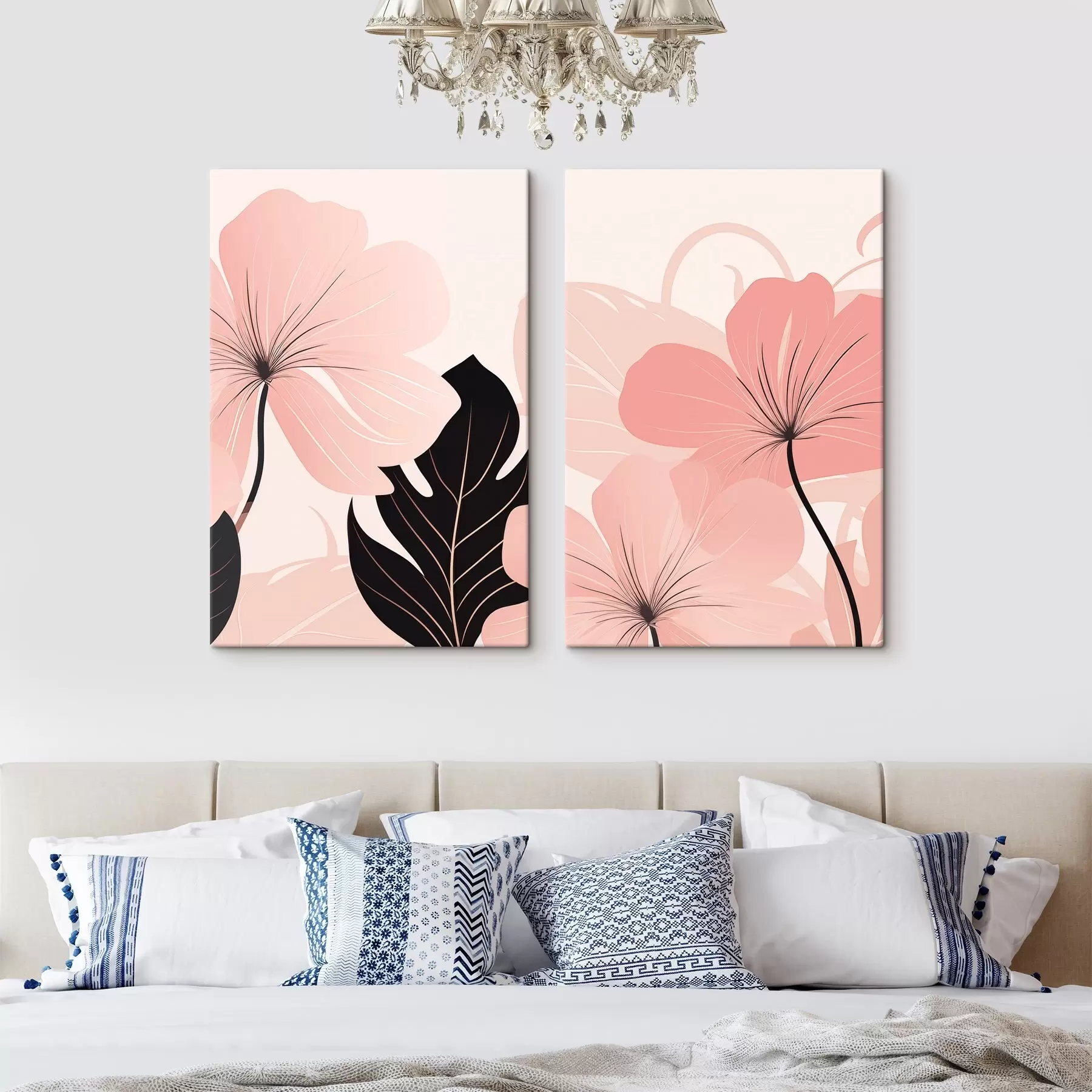 murales Flores rosas y hojas con motivos gráficos m30902