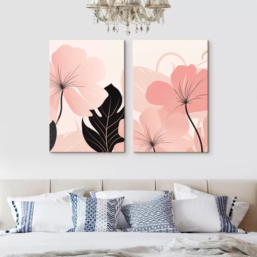 wall murals Pink Flowers and Graphic Leaves m30902