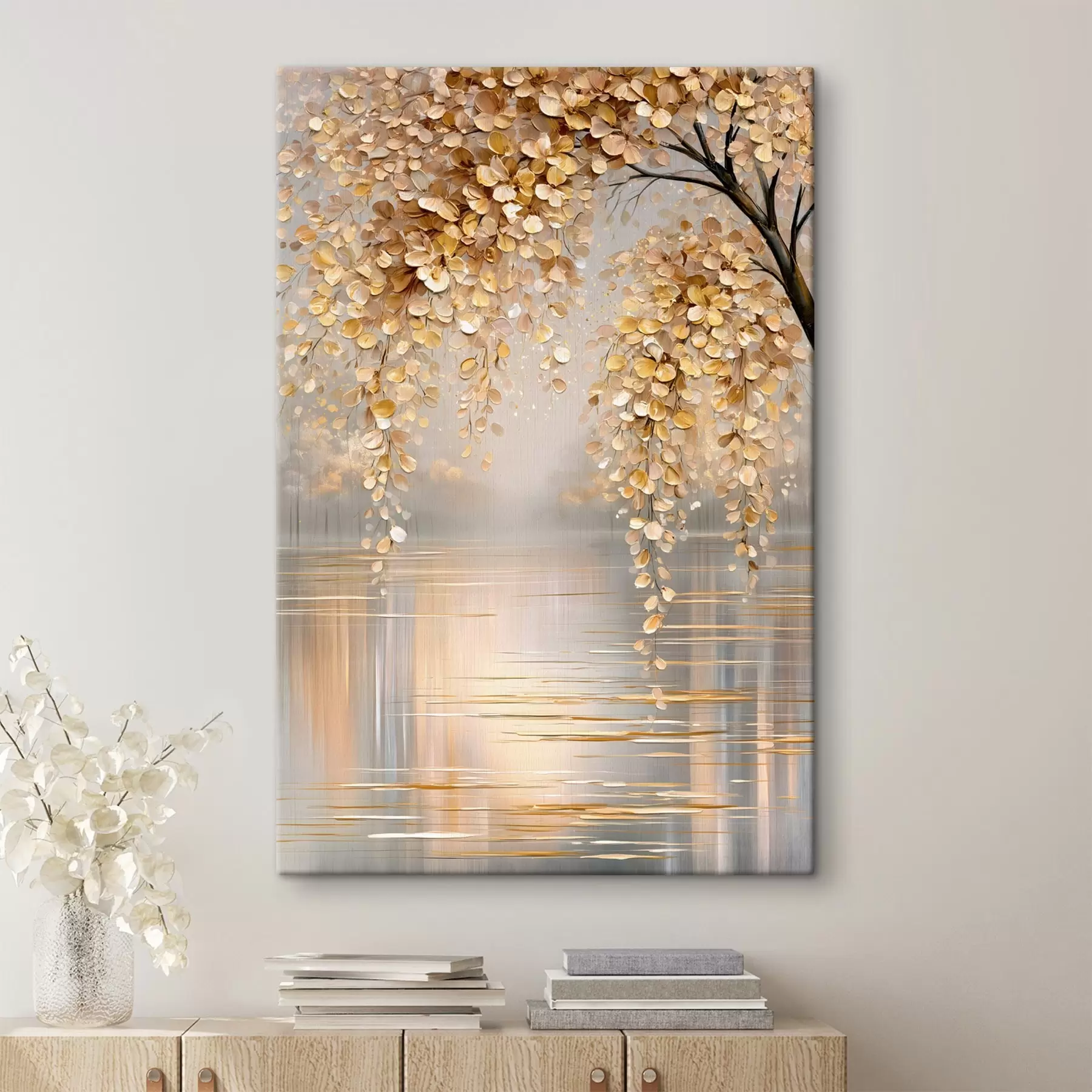 wall murals An autumn tree by the lake, painted in an oil-style s50472