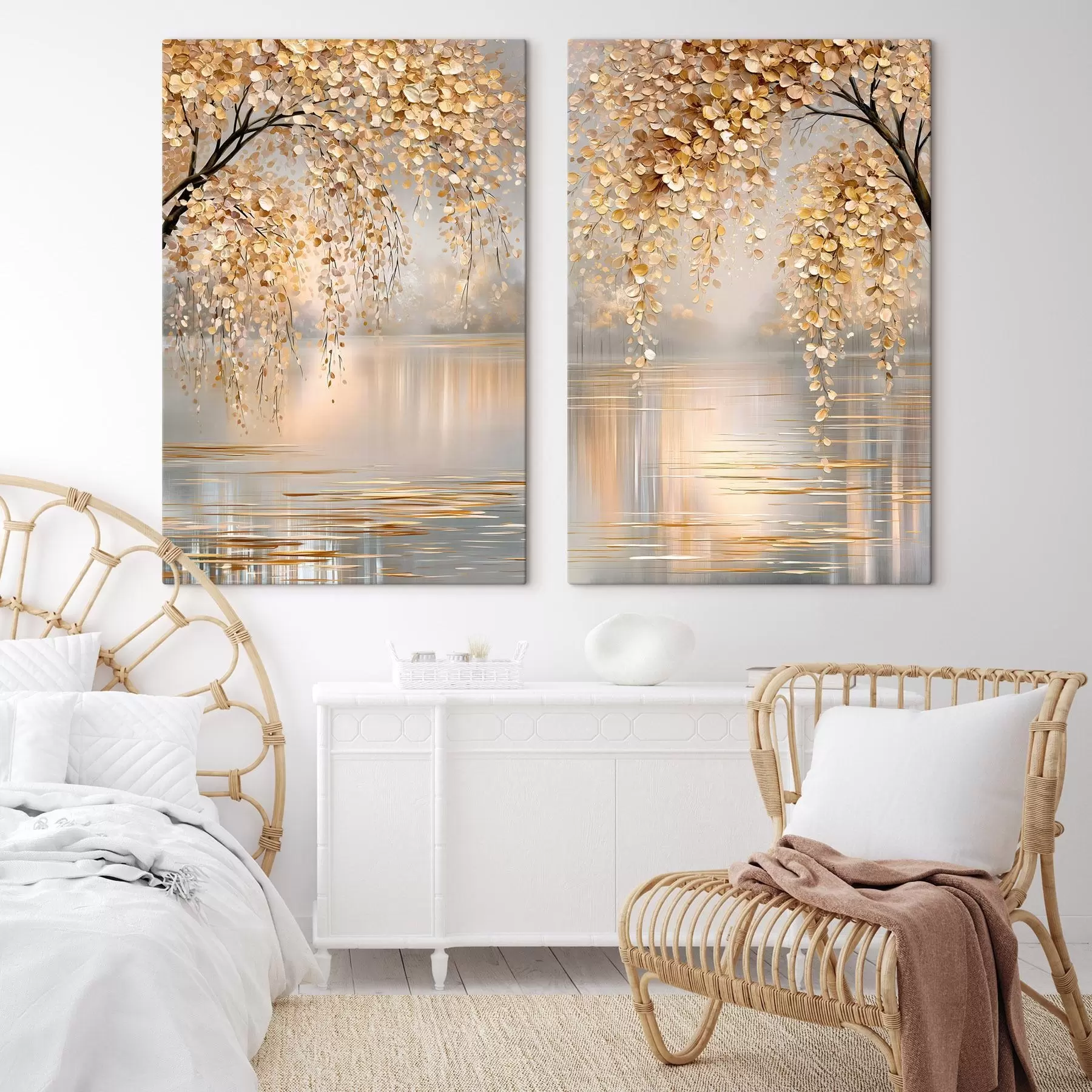 wall murals An autumn tree by the lake, painted in an oil-style m30924