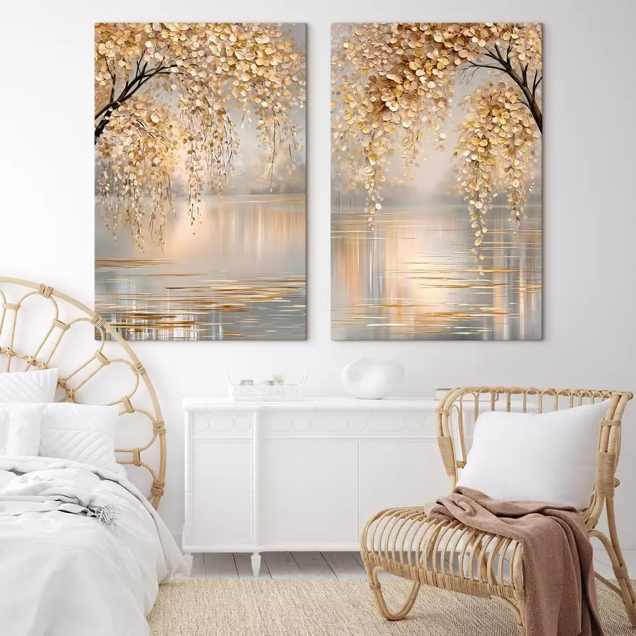 wall murals An autumn tree by the lake, painted in an oil-style m30924
