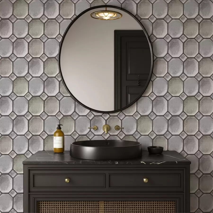 wall murals Geometric pattern of gray and greenish tiles a01259