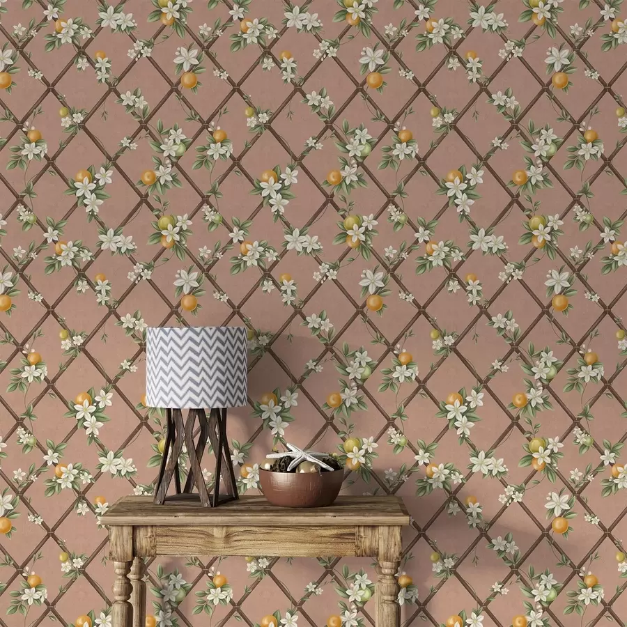 peintures murales Fleurs et agrumes sur fond rose avec un motif en treillis a01261v1
