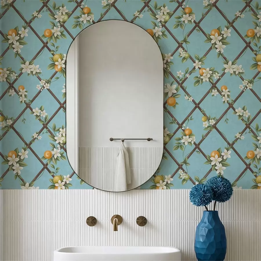 peintures murales Fleurs et agrumes sur fond bleu, avec un motif en treillis a01261v3