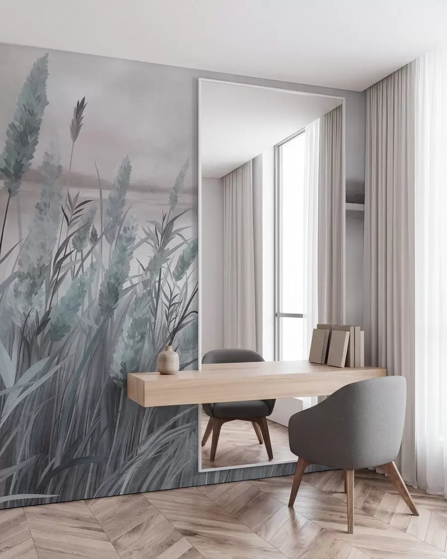 wall murals Tall, dry grass and reeds in the foreground, textured landscape, pastel colors w10017v1